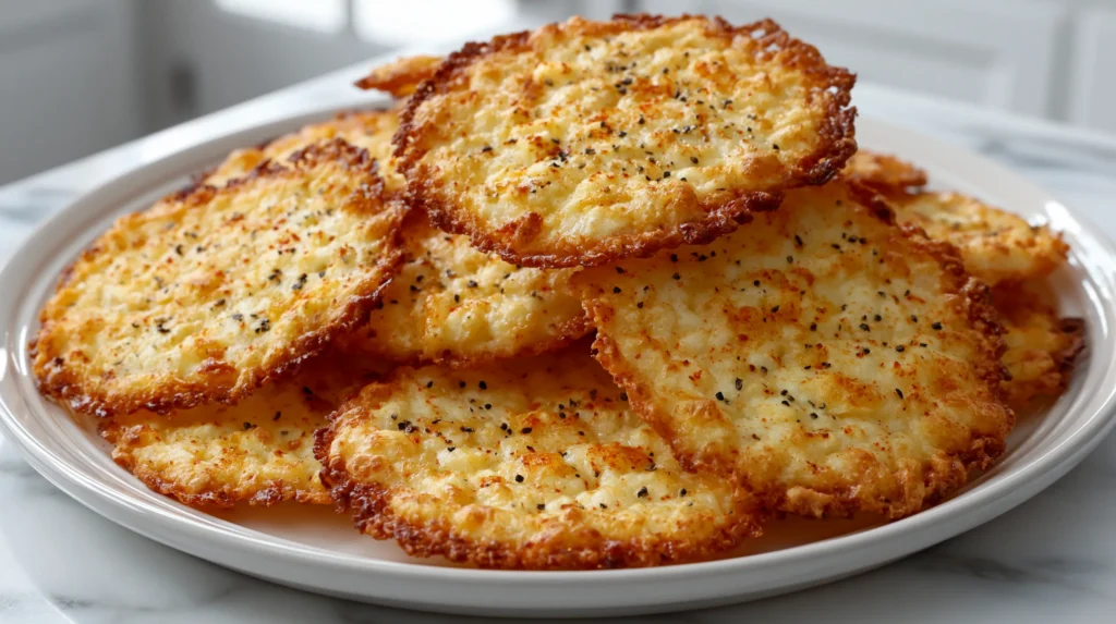 hyper-realistic photo of crispy baked cottage cheese chips arranged in a loose pile on a white ceramic plate, golden brown edges, lightly seasoned with paprika and black pepper, airy crisp texture, close-up food photography, bright natural window light, white marble countertop, bright white kitchen background, clean editorial styling, realistic texture, appetizing and fresh, high detail, soft shadows, no people, no utensils, no garnish clutter, no text, no logo, no watermark