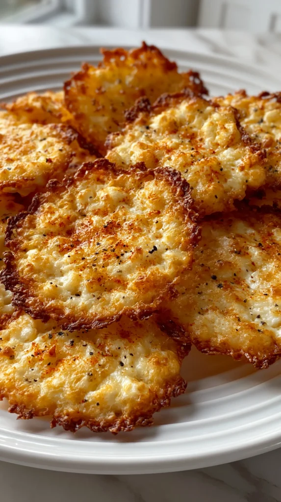 hyper-realistic photo of homemade cottage cheese chips on a white ceramic plate, very thin irregular baked rounds made from cottage cheese, clearly visible curds fused together, delicate lacy crispy dark golden edges, lightly seasoned with paprika and black pepper, realistic uneven homemade shape, slightly blistered surface, not smooth crackers, not cheese crisps, a few chips overlapping with some tilted forward to show thinness, close-up food photography, bright natural window light, white marble countertop, bright white kitchen background, clean editorial styling, believable texture, high detail, soft shadows, no people, no utensils, no garnish clutter, no text, no logo, no watermark