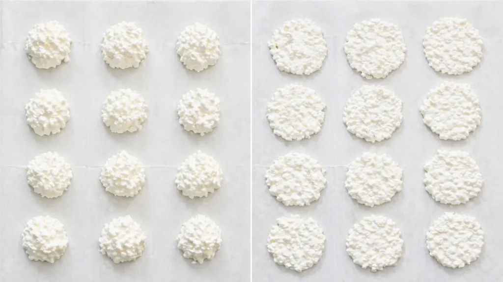 Overhead side-by-side image of plain cottage cheese scoops on parchment next to the same scoops flattened into thin round discs for cottage cheese chips.