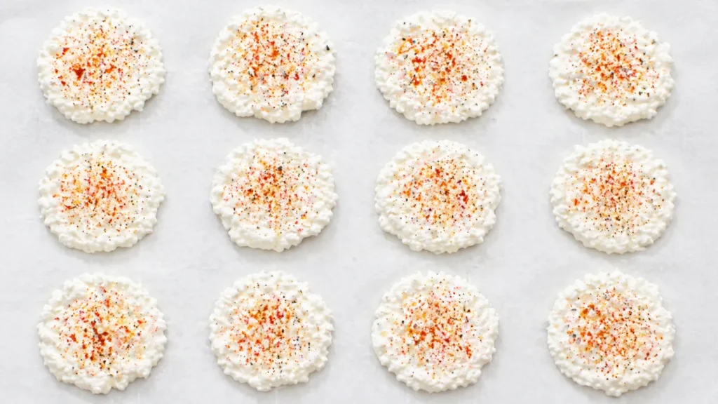 Overhead image of flattened cottage cheese rounds on parchment paper lightly seasoned with paprika, black pepper, garlic powder, and onion powder before baking.