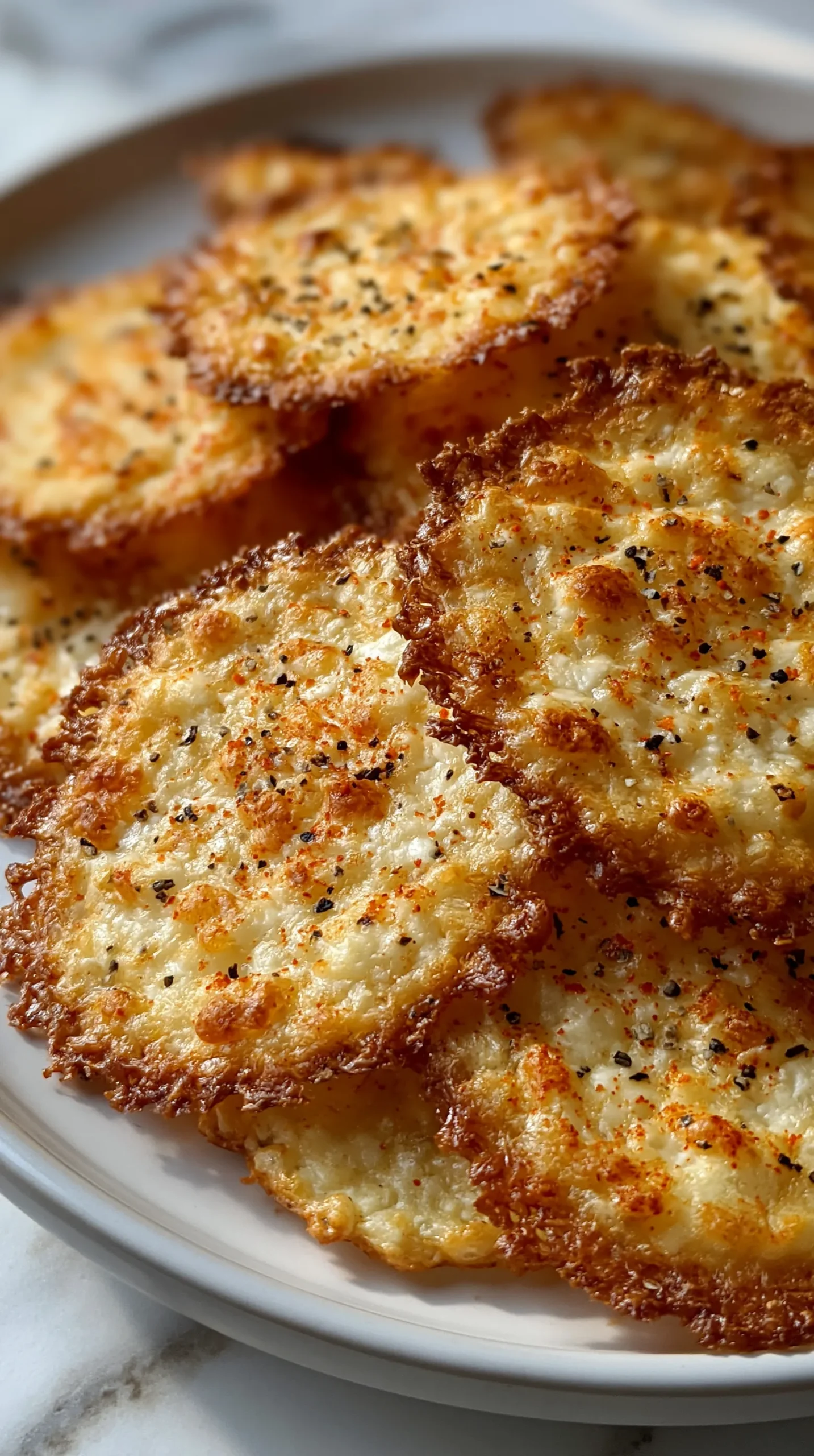 hyper-realistic photo of homemade cottage cheese chips on a white ceramic plate, very thin irregular baked rounds made from cottage cheese, clearly visible curds fused together, delicate lacy crispy dark golden edges, lightly seasoned with paprika and black pepper, realistic uneven homemade shape, slightly blistered surface, not smooth crackers, not cheese crisps, a few chips overlapping with some tilted forward to show thinness, close-up food photography, bright natural window light, white marble countertop, bright white kitchen background, clean editorial styling, believable texture, high detail, soft shadows, no people, no utensils, no garnish clutter, no text, no logo, no watermark