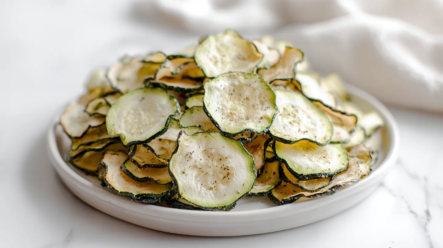 hyper-realistic photo of finished cucumber chips piled loosely on a round white ceramic plate, thin baked cucumber slices with slightly curled edges, pale green centers, darker green rims, lightly golden dry edges, visible specks of kosher salt, black pepper, garlic powder, and onion powder, crisp dehydrated texture with a few slightly chewy centers for realism, set on a white marble countertop in a bright white kitchen, soft natural window light, clean editorial food photography, fresh and airy mood, true-to-life colors, sharp focus, realistic textures, minimal styling, no dip bowls, no garnish clutter, no utensils, no napkins, white kitchen background softly blurred, eye-level to slightly overhead angle, premium food magazine look, no text, no logo, no watermark