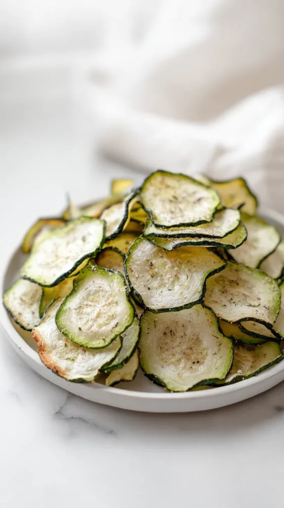 hyper-realistic photo of finished cucumber chips piled loosely on a round white ceramic plate, thin baked cucumber slices with slightly curled edges, pale green centers, darker green rims, lightly golden dry edges, visible specks of kosher salt, black pepper, garlic powder, and onion powder, crisp dehydrated texture with a few slightly chewy centers for realism, set on a white marble countertop in a bright white kitchen, soft natural window light, clean editorial food photography, fresh and airy mood, true-to-life colors, sharp focus, realistic textures, minimal styling, no dip bowls, no garnish clutter, no utensils, no napkins, white kitchen background softly blurred, eye-level to slightly overhead angle, premium food magazine look, no text, no logo, no watermark