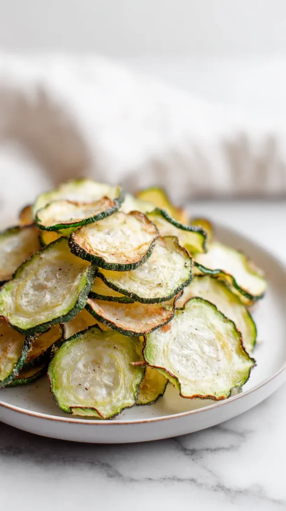 hyper-realistic photo of finished cucumber chips piled loosely on a round white ceramic plate, thin baked cucumber slices with slightly curled edges, pale green centers, darker green rims, lightly golden dry edges, visible specks of kosher salt, black pepper, garlic powder, and onion powder, crisp dehydrated texture with a few slightly chewy centers for realism, set on a white marble countertop in a bright white kitchen, soft natural window light, clean editorial food photography, fresh and airy mood, true-to-life colors, sharp focus, realistic textures, minimal styling, no dip bowls, no garnish clutter, no utensils, no napkins, white kitchen background softly blurred, eye-level to slightly overhead angle, premium food magazine look, no text, no logo, no watermark