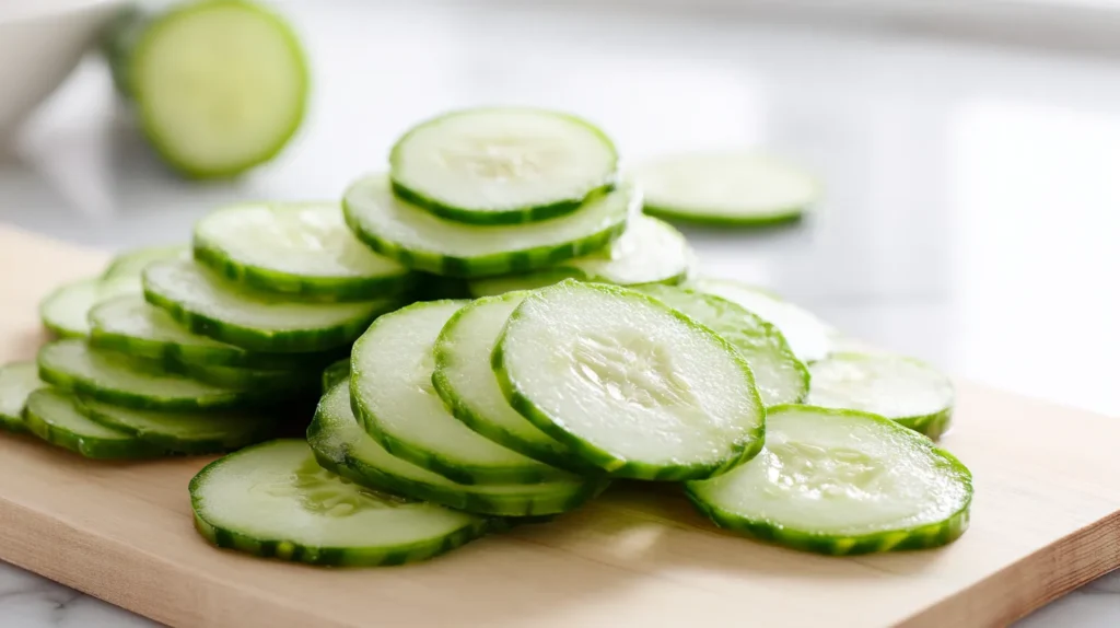hyper-realistic photo of thinly sliced English cucumbers on a light wooden cutting board, uniform 1/8-inch cucumber rounds with pale green translucent centers, small seed patterns, and dark green edges, fresh raw cucumber slices spread naturally with a few overlapping, one partially sliced cucumber nearby for context, bright white kitchen background, white marble countertop surrounding the board, soft natural window light, clean editorial food photography, crisp focus, realistic moisture and texture, airy and fresh mood, minimal styling, no hands, no knife, no text, no logo, no watermark