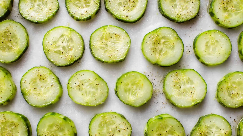 hyper-realistic photo of thinly sliced English cucumbers arranged in a single layer on a parchment-lined light gold baking sheet, raw cucumber rounds lightly coated with olive oil and seasoned with visible black pepper, kosher salt, garlic powder, and onion powder, pale green translucent centers with dark green rims, slices evenly spaced and ready for baking, white marble countertop, bright white kitchen background, soft natural window light, clean editorial food photography, realistic textures, crisp focus, minimal styling, no hands, no utensils, no text, no logo, no watermark
