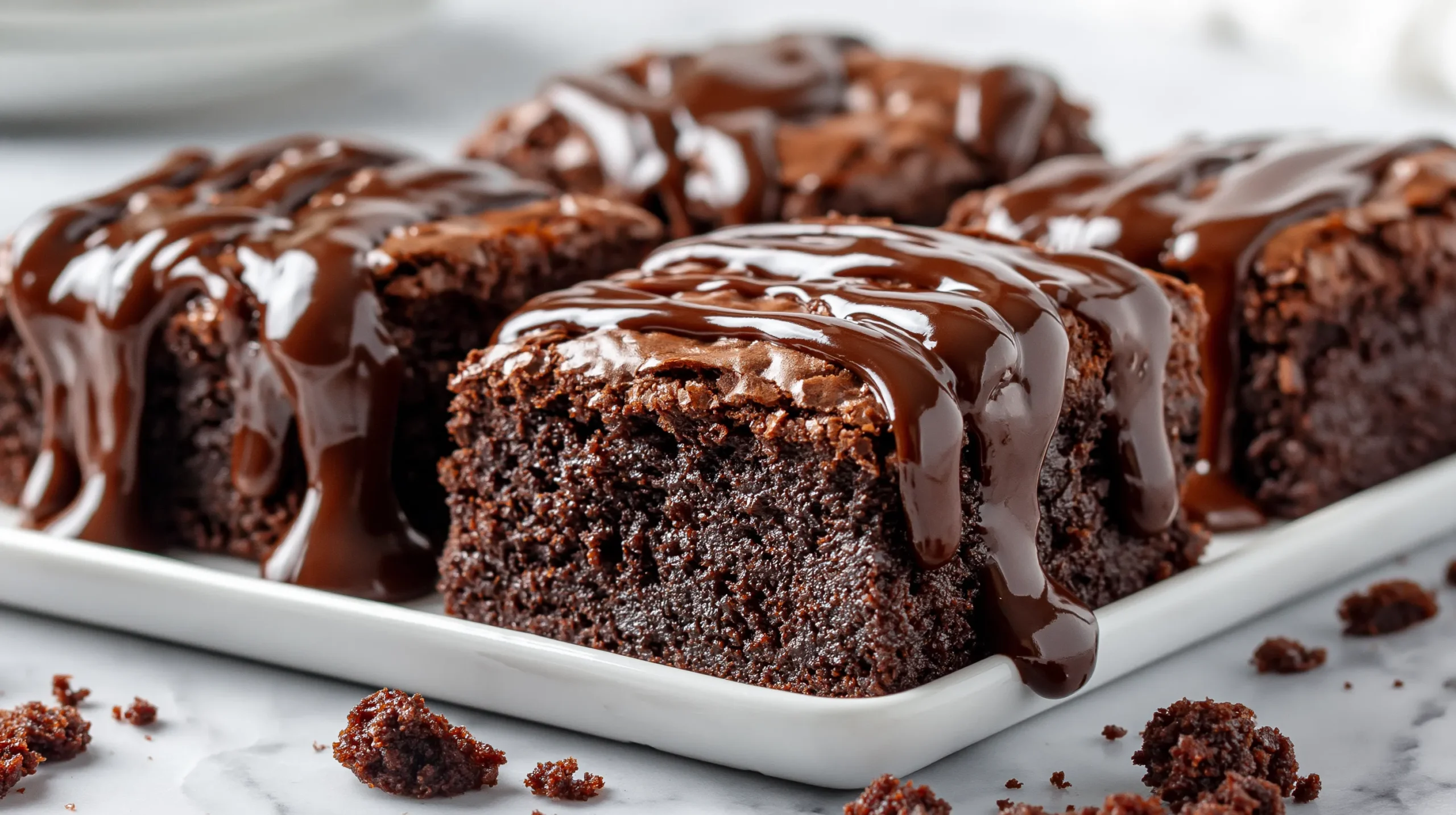 Hyper-realistic photo of thick hot fudge brownies cut into rich square pieces, glossy warm hot fudge poured over the top, dense fudgy brownie texture with shiny chocolate surface, a few clean brownie crumbs on a white marble countertop, one brownie square slightly pulled forward to show the moist chocolate center, soft natural window light, bright white kitchen background, editorial food photography, realistic chocolate shine, cozy dessert styling, shallow depth of field, crisp focus, no people, no hands, no text, no logos, no watermark