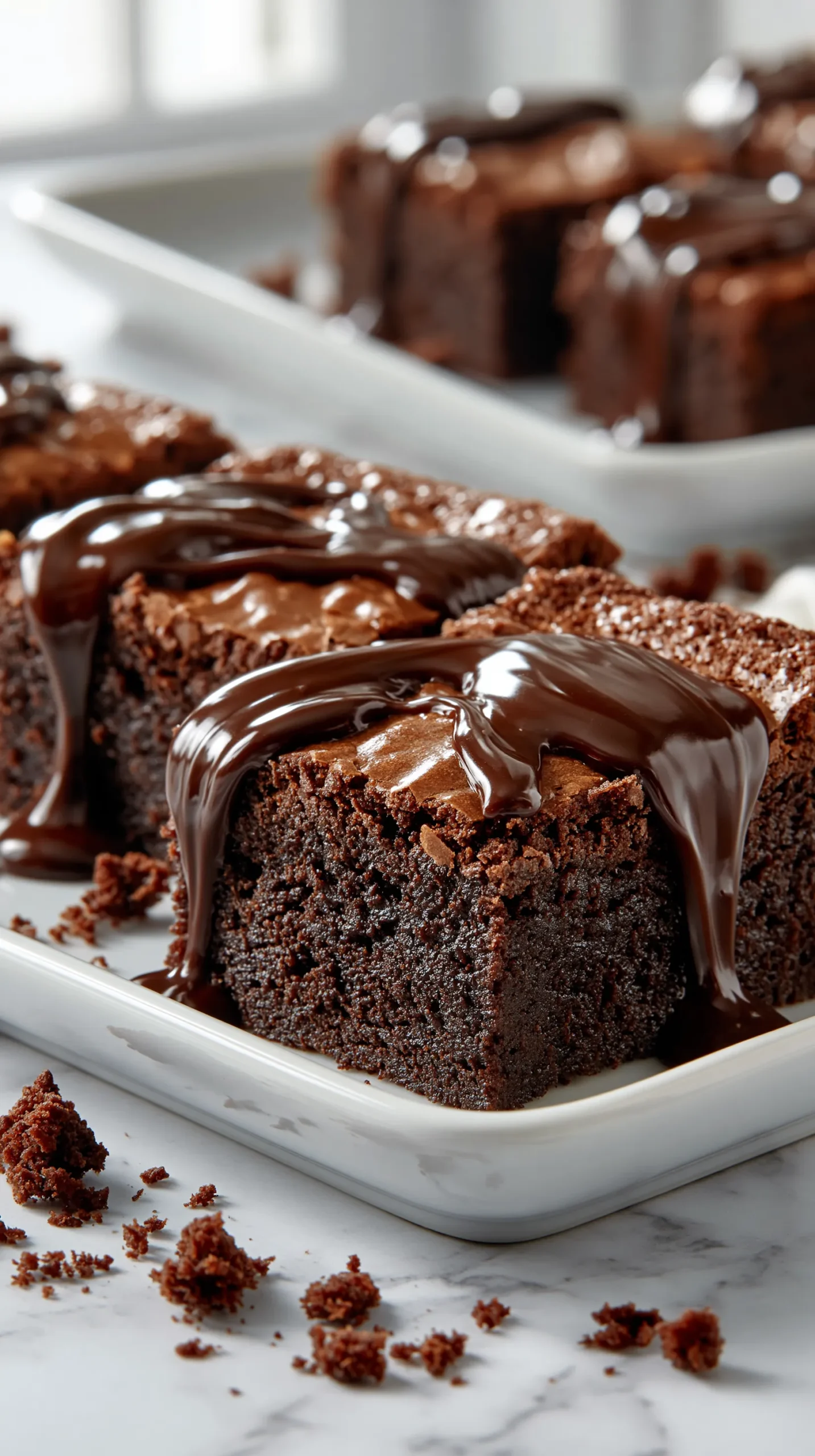 Hyper-realistic photo of thick fudgy brownies cut into clean square pieces, warm glossy hot fudge sauce poured over the tops and slowly dripping down the sides, dense moist chocolate brownie center visible on one front piece, shiny crackly brownie tops, soft chocolate crumbs scattered naturally on a white marble countertop, brownies arranged on a simple white ceramic platter, bright white kitchen background, soft natural window light, editorial dessert photography, rich realistic chocolate texture, warm fudge shine, shallow depth of field, crisp focus on the front brownie, cozy homemade dessert styling, no people, no hands, no text, no logos, no watermark