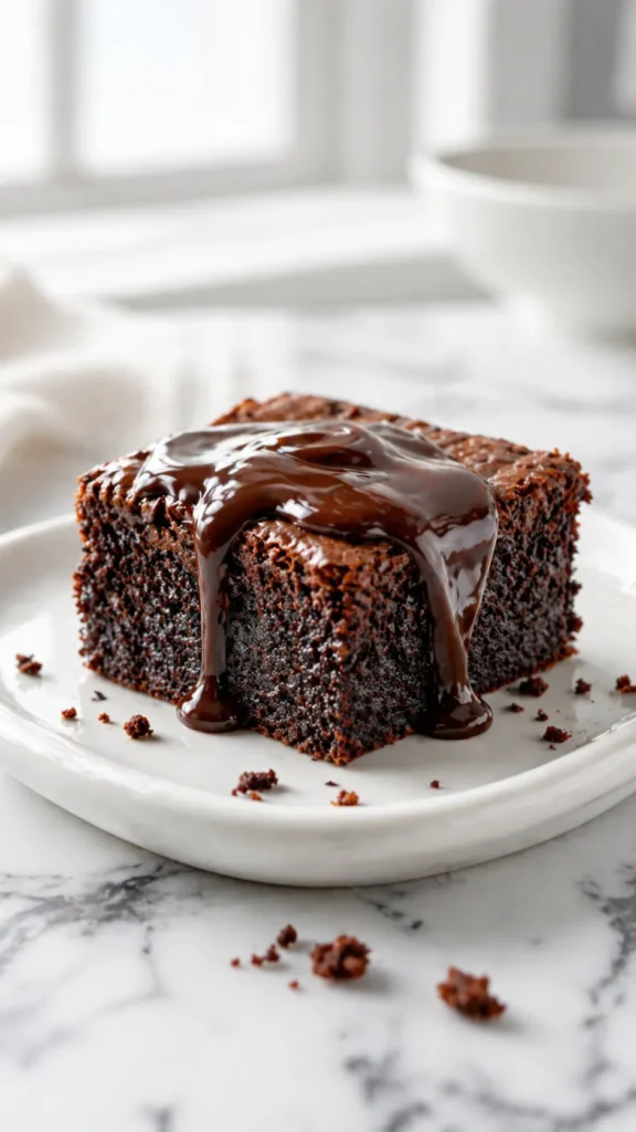 Hyper-realistic photo of thick fudgy brownie cut into clean square piece, warm glossy hot fudge sauce poured over the tops and slowly dripping down the sides, dense moist chocolate brownie center visible on one front piece, shiny crackly brownie tops, soft chocolate crumbs scattered naturally on a white marble countertop, brownies arranged on a simple white ceramic platter, bright white kitchen background, soft natural window light, editorial dessert photography, rich realistic chocolate texture, warm fudge shine, shallow depth of field, crisp focus on the front brownie, cozy homemade dessert styling, no people, no hands, no text, no logos, no watermark