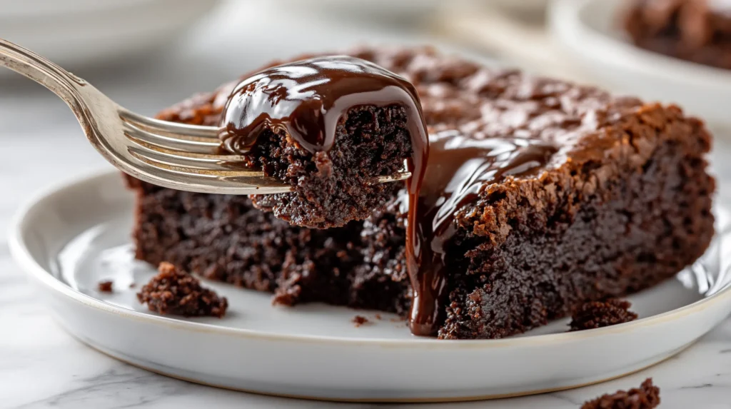 Hyper-realistic vertical photo of a silver fork lifting one bite-sized piece out of a single dense fudgy hot fudge brownie on a small white ceramic plate, the brownie on the plate clearly showing a missing bite from the front corner where the fork just removed it, visible cut-out section and exposed moist dark chocolate crumb, glossy warm hot fudge dripping over the top and slightly stretching from the lifted bite, slightly crackly brownie top, a few soft chocolate crumbs scattered on the plate and white marble countertop, bright white kitchen background, soft natural window light, editorial dessert photography, rich realistic chocolate texture, shallow depth of field, crisp focus on the forkful and the missing-bite area of the brownie, cozy bakery-style dessert styling, no people, no hands, no text, no logos, no watermark
