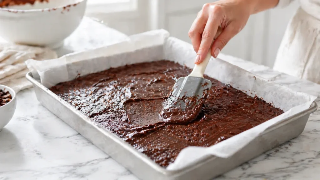 step of the process, female hand with light pink manicure: spread the batter evenly in the pan