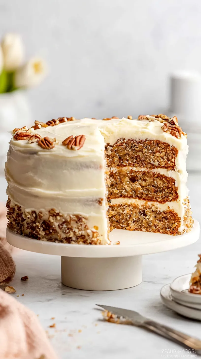 Three-layer hummingbird cake with cream cheese frosting and chopped pecans on a white plate on a white marble kitchen counter, with one slice removed to show the moist banana pineapple crumb.