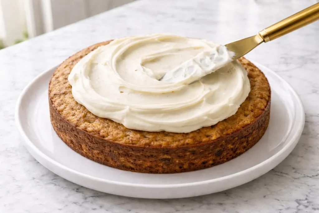 Cream cheese frosting being spread over a hummingbird cake layer on a white plate with a gold-toned offset knife on a white marble kitchen counter.