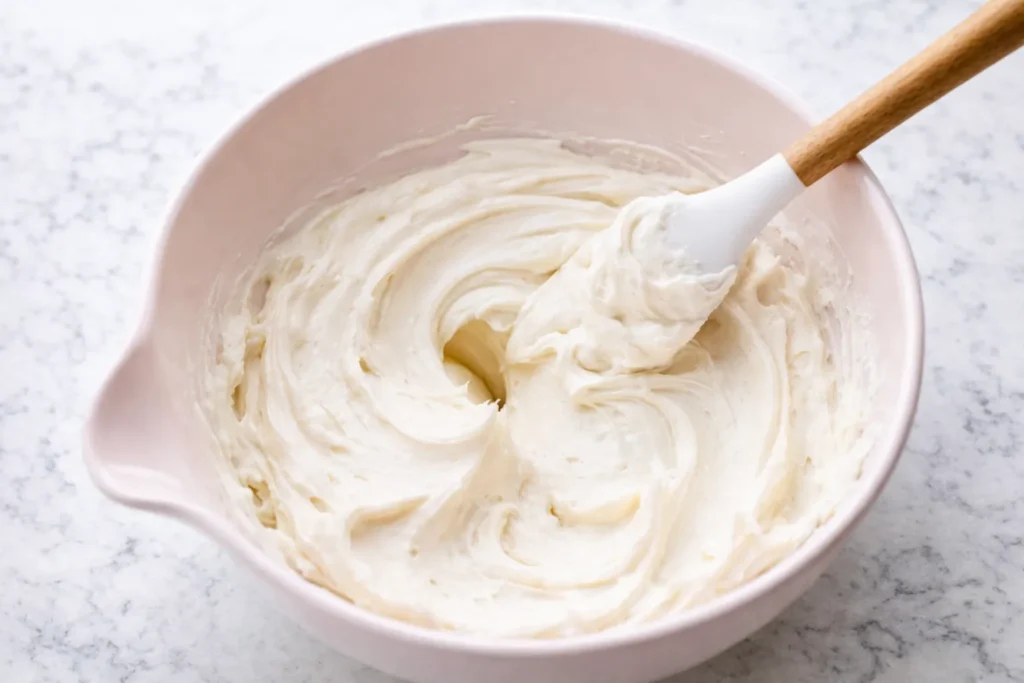 Thick cream cheese frosting swirled in a light pink mixing bowl with a white spatula on a white marble kitchen counter.