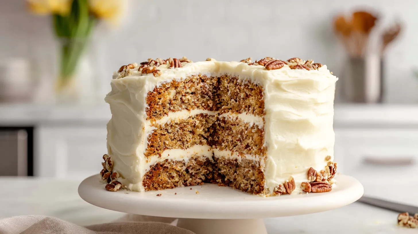 Three-layer hummingbird cake with cream cheese frosting and chopped pecans on a white plate on a white marble kitchen counter, with one slice removed to show the moist banana pineapple crumb.