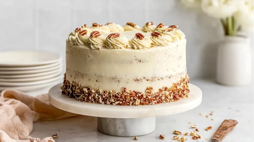 Three-layer hummingbird cake with cream cheese frosting and chopped pecans on a white plate on a white marble kitchen counter, with one slice removed to show the moist banana pineapple crumb.