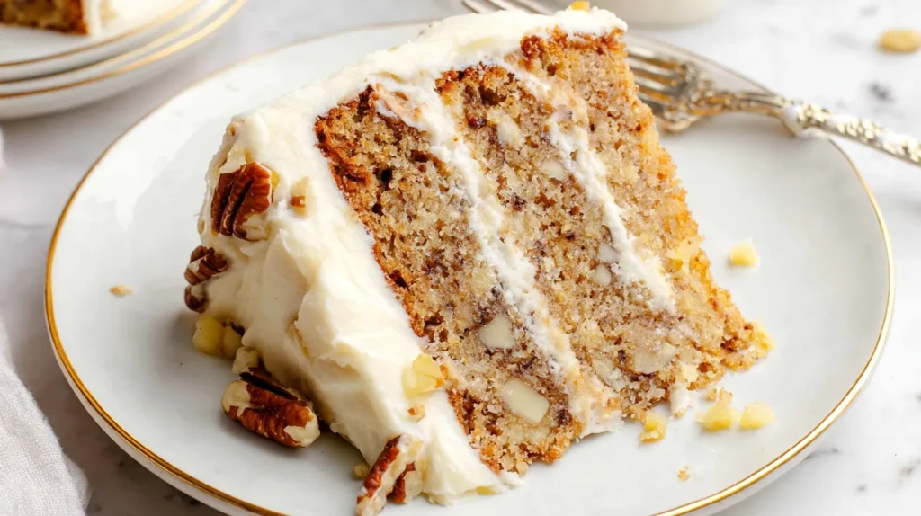 slice of hummingbird cake on a white plate