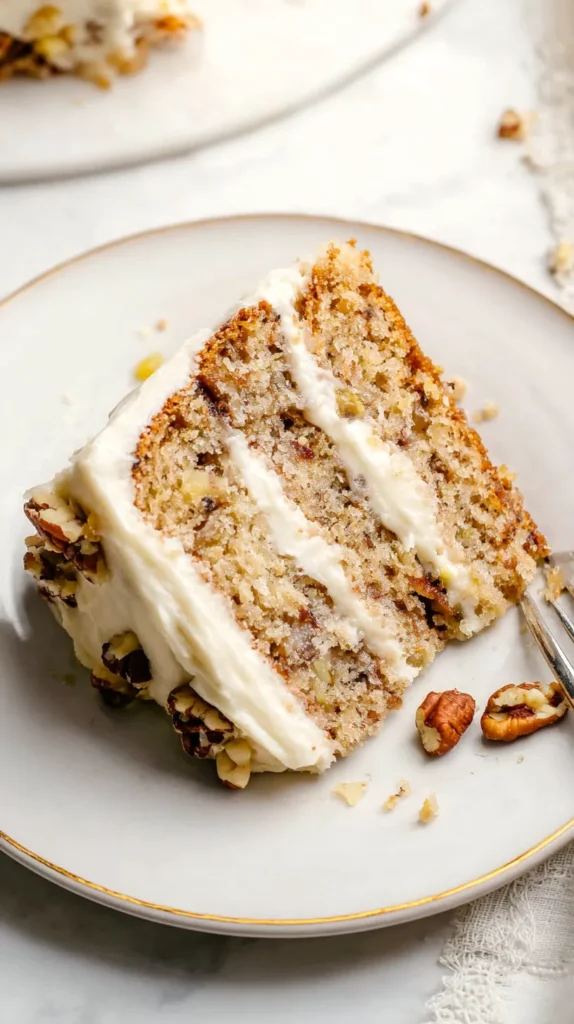Single slice of hummingbird cake on a white plate, showing three moist layers with cream cheese frosting, chopped pecans, and pineapple pieces.