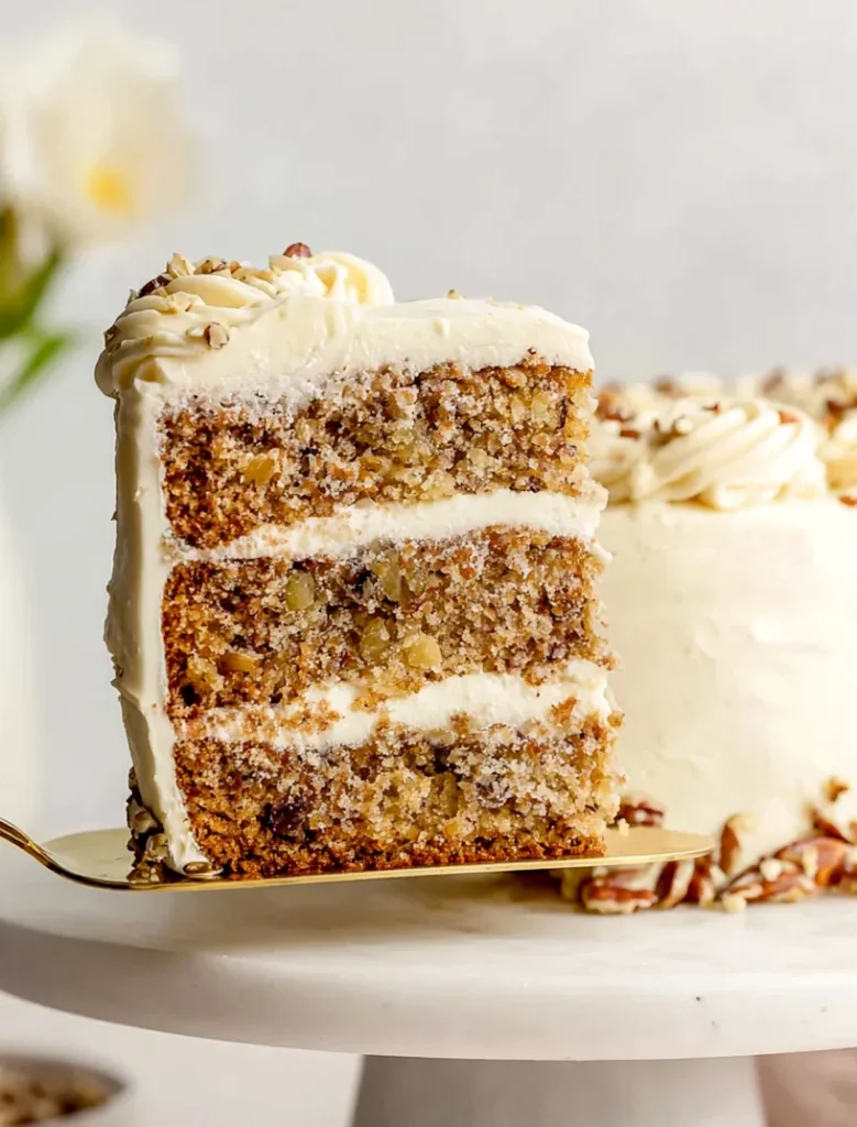 Tall slice of hummingbird cake lifted on a cake server, showing three layers with cream cheese frosting, chopped pecans, and pineapple in the crumb.