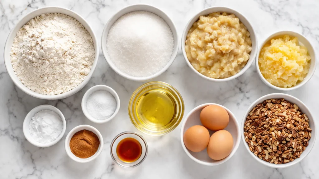 Overhead view of hummingbird cake ingredients in small white and glass bowls on a white marble counter, including flour, sugar, eggs, oil, vanilla, cinnamon, pecans, mashed banana, and crushed pineapple.