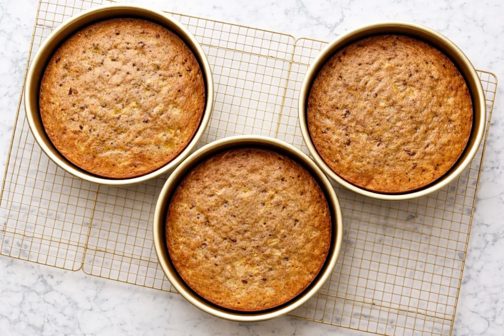 Three baked hummingbird cake layers cooling in round gold cake pans on a gold cooling rack over a white marble counter.
