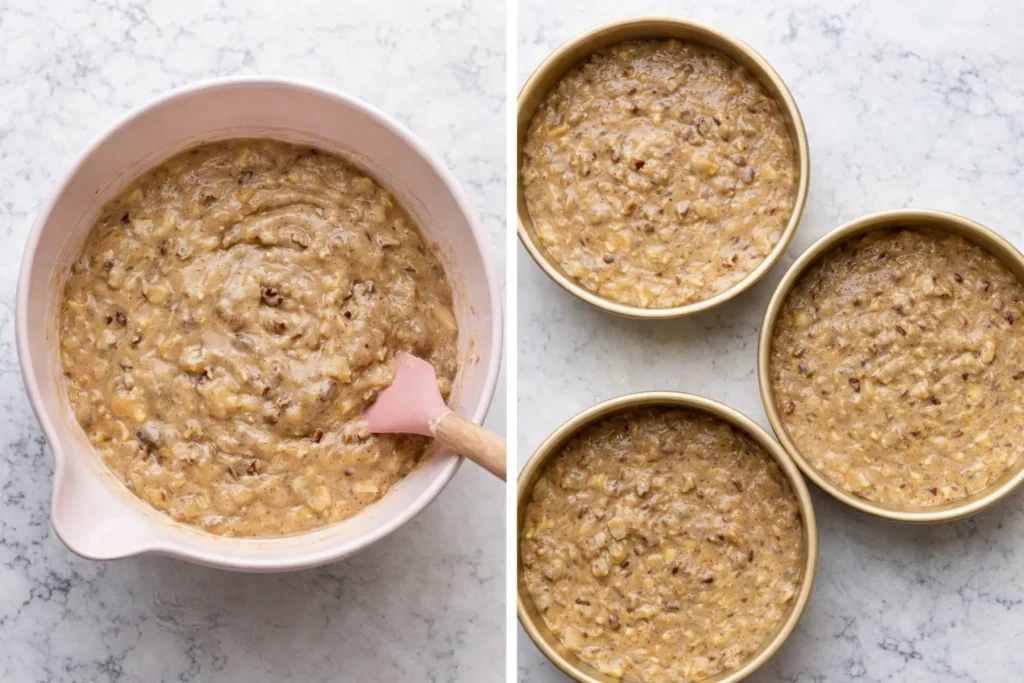 Hummingbird cake batter in a light pink mixing bowl with a pink spatula beside three gold cake pans filled with batter on a white marble counter.