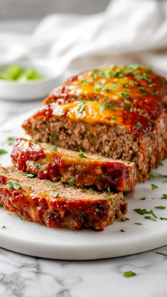 hyper-realistic photo of a thick slice of Mexican meatloaf plated on a white ceramic plate, juicy ground beef interior with visible texture, topped with melted Mexican blend cheese, glossy salsa glaze, and fresh chopped cilantro, the rest of the meatloaf softly blurred in the background, bright white kitchen, white marble countertop, soft natural window light, clean editorial food photography, shallow depth of field, crisp focus on the front slice, realistic colors, true-to-scale proportions, no people, no utensils, no text, no logos, no watermark