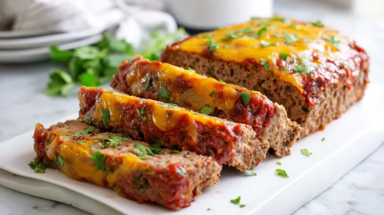 Close-up of a slice of Mexican meatloaf with melted cheese, salsa topping, and visible texture on a white plate