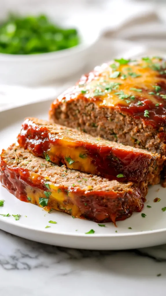 hyper-realistic photo of a thick slice of Mexican meatloaf plated on a white ceramic plate, juicy ground beef interior with visible texture, topped with melted Mexican blend cheese, glossy salsa glaze, and fresh chopped cilantro, the rest of the meatloaf softly blurred in the background, bright white kitchen, white marble countertop, soft natural window light, clean editorial food photography, shallow depth of field, crisp focus on the front slice, realistic colors, true-to-scale proportions, no people, no utensils, no text, no logos, no watermark