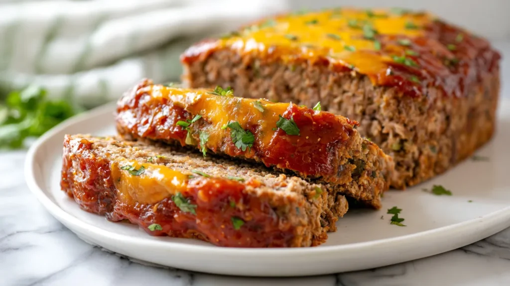 hyper-realistic photo of Mexican meatloaf sliced on a white ceramic platter, juicy ground beef meatloaf topped with melted Mexican blend cheese, glossy salsa glaze, fresh chopped cilantro, visible tender texture inside each slice, styled in a bright white kitchen on a white marble countertop, soft natural window light, clean editorial food photography, crisp focus, realistic colors, true-to-scale proportions, subtle steam, minimal props, polished but natural presentation, no people, no utensils, no text, no logos, no watermark