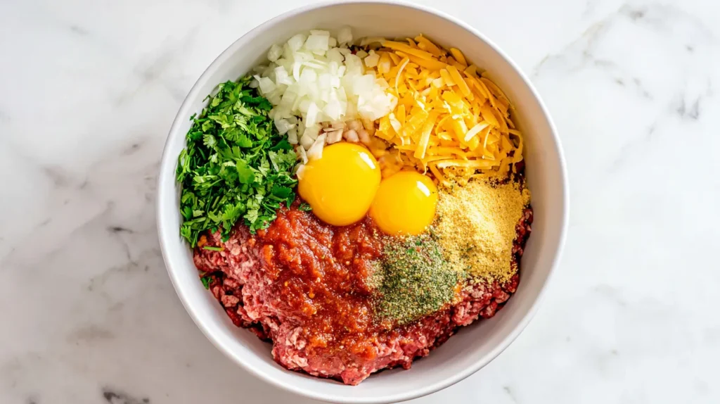Mexican meatloaf ingredients in a bowl with ground beef, eggs, salsa, cheese, onion, and seasonings before mixing