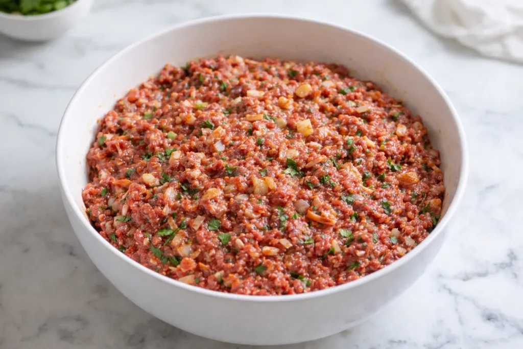 Fully mixed Mexican meatloaf mixture in a white bowl with visible onion, cilantro, and cheese throughout
