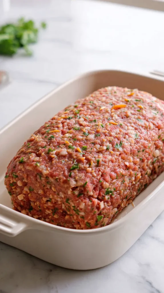 Raw Mexican meatloaf shaped in a baking dish before cooking with visible herbs and texture