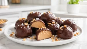 hyper-realistic photo of chocolate covered peanut butter yogurt bites arranged on a white ceramic plate, a thin glossy chocolate shell with a few bites cut open to show creamy peanut butter yogurt filling, light sprinkle of flaky sea salt, a few crushed peanuts scattered nearby, bright white kitchen background, white marble countertop, soft natural window light, clean editorial food photography, crisp focus, realistic textures, slightly angled close-up, fresh and polished styling, no people, no utensils, no text, no logos, no watermark