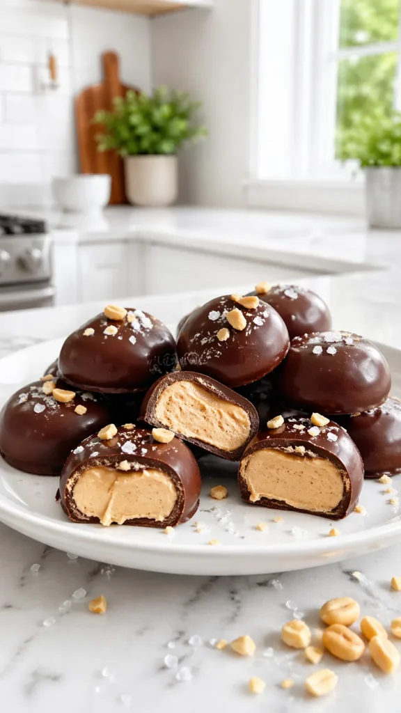 A plate of chocolate covered peanut butter yogurt bites in a bright kitchen setting, featuring smooth glossy shells, soft creamy centers, flaky salt on top, and chopped peanuts scattered across the white marble countertop.