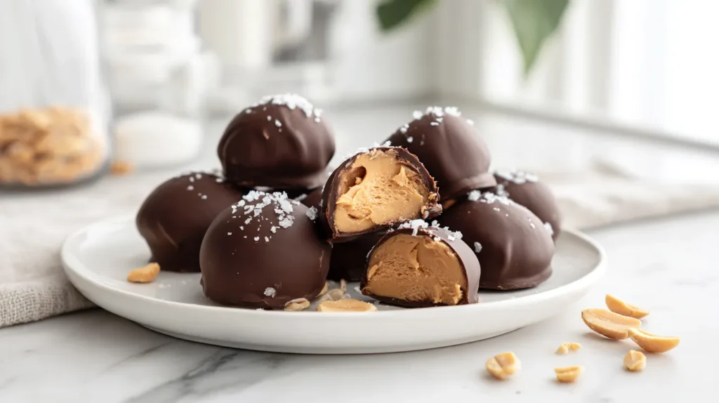Chocolate-covered peanut butter yogurt bites on a white plate in a bright white kitchen, with glossy chocolate shells, flaky sea salt, crushed peanuts, and a few cut open to show the creamy peanut butter yogurt filling.