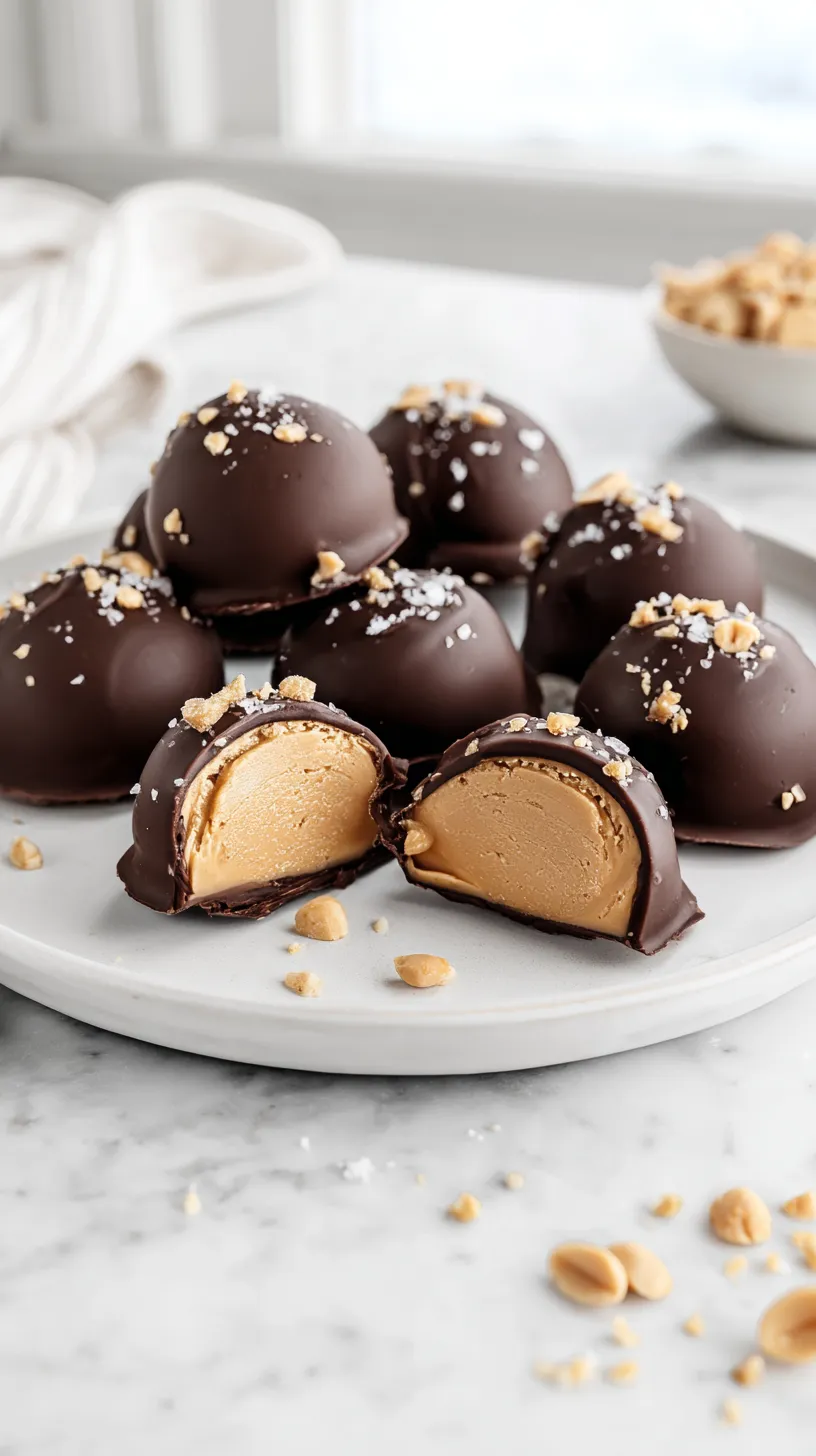 Chocolate covered peanut butter yogurt bites piled on a white ceramic plate, with shiny chocolate coating, a sprinkle of flaky sea salt, scattered crushed peanuts, and creamy peanut butter yogurt centers visible in the cut bites.