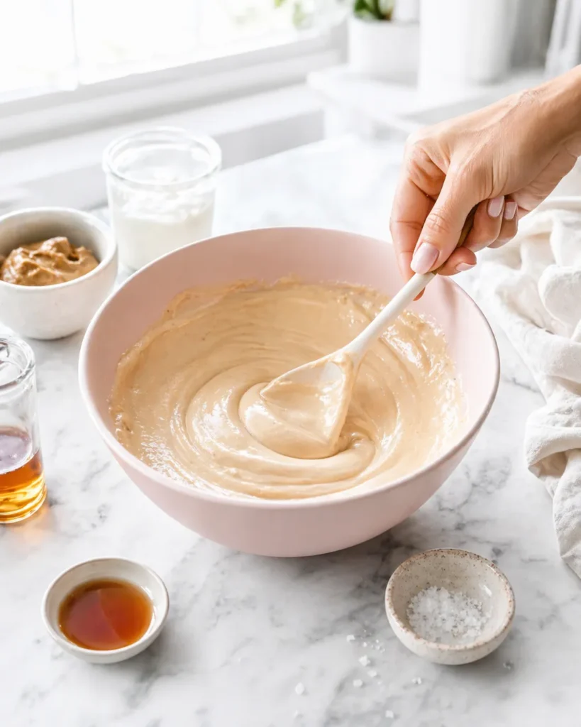 A female hand with a light pink manicure stirs a creamy peanut butter yogurt mixture in a light pink mixing bowl on a white marble countertop, surrounded by small bowls of maple syrup, salt, peanut butter, and yogurt in a bright white kitchen.