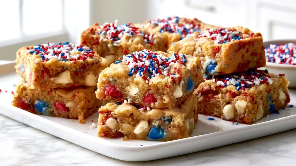 Hyper-realistic editorial food photography of thick 4th of July cookie bars cut into neat squares, soft golden cookie crumb, chewy edges, slightly gooey center, packed with red white and blue M&M chocolate candies, white chocolate chips, and clearly visible red white and blue sprinkles baked into the bars and scattered generously across the tops, festive patriotic look, arranged on a white ceramic platter on a white marble kitchen counter, bright airy white kitchen background, soft natural window light, crisp focus, realistic textures, clean styling, small bowl of extra red white and blue sprinkles nearby, no hands