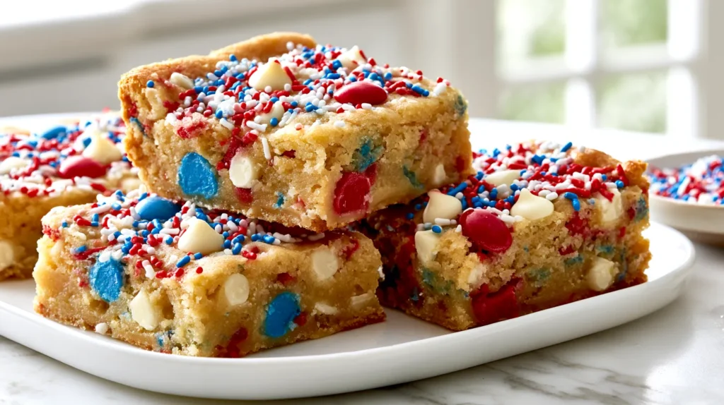 Hyper-realistic editorial food photography of thick 4th of July cookie bars cut into neat squares, soft golden cookie crumb, chewy edges, slightly gooey center, packed with red white and blue M&M chocolate candies, white chocolate chips, and clearly visible red white and blue sprinkles baked into the bars and scattered generously across the tops, festive patriotic look, arranged on a white ceramic platter on a white marble kitchen counter, bright airy white kitchen background, soft natural window light, crisp focus, realistic textures, clean styling, small bowl of extra red white and blue sprinkles nearby, no hands, no people, no text, no watermark