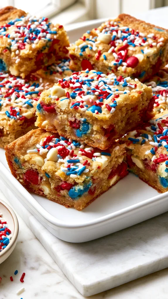 Hyper-realistic editorial food photography of thick 4th of July cookie bars cut into neat squares, soft golden cookie crumb, chewy edges, slightly gooey center, packed with red white and blue M&M chocolate candies, white chocolate chips, and clearly visible red white and blue sprinkles baked into the bars and scattered generously across the tops, festive patriotic look, arranged on a white ceramic platter on a white marble kitchen counter, bright airy white kitchen background, soft natural window light, crisp focus, realistic textures, clean styling, small bowl of extra red white and blue sprinkles nearby, no hands, no people, no text, no watermark