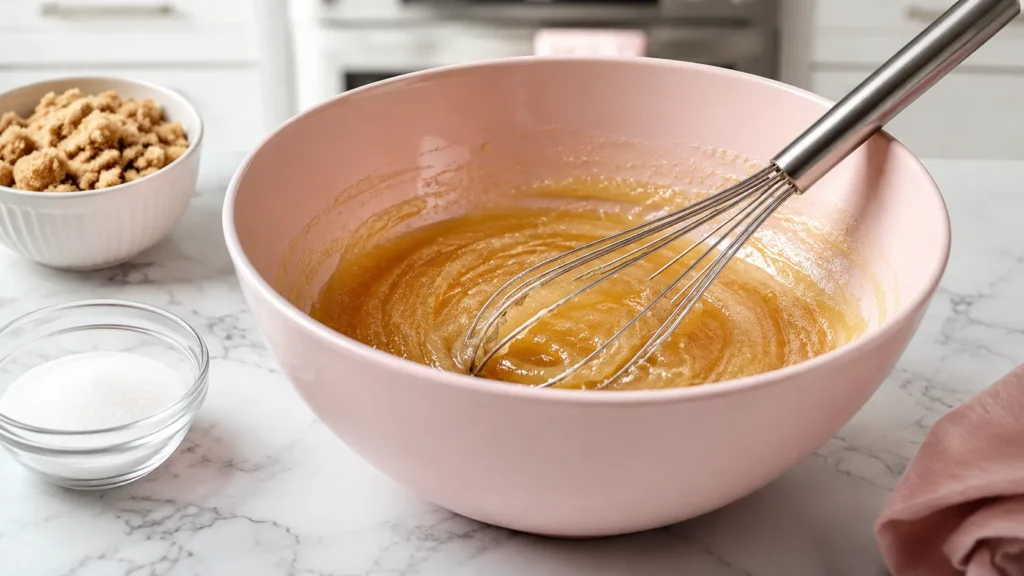 Hyper-realistic editorial process shot of melted butter, packed light brown sugar, and granulated sugar being whisked together in a large light pink mixing bowl until smooth and glossy, golden buttery mixture with visible sugar texture starting to dissolve, metal whisk resting in the bowl, white marble kitchen counter, bright airy white kitchen background, soft natural window light, clean baking setup, small bowls of brown sugar and white sugar nearby, realistic textures, crisp focus, no people