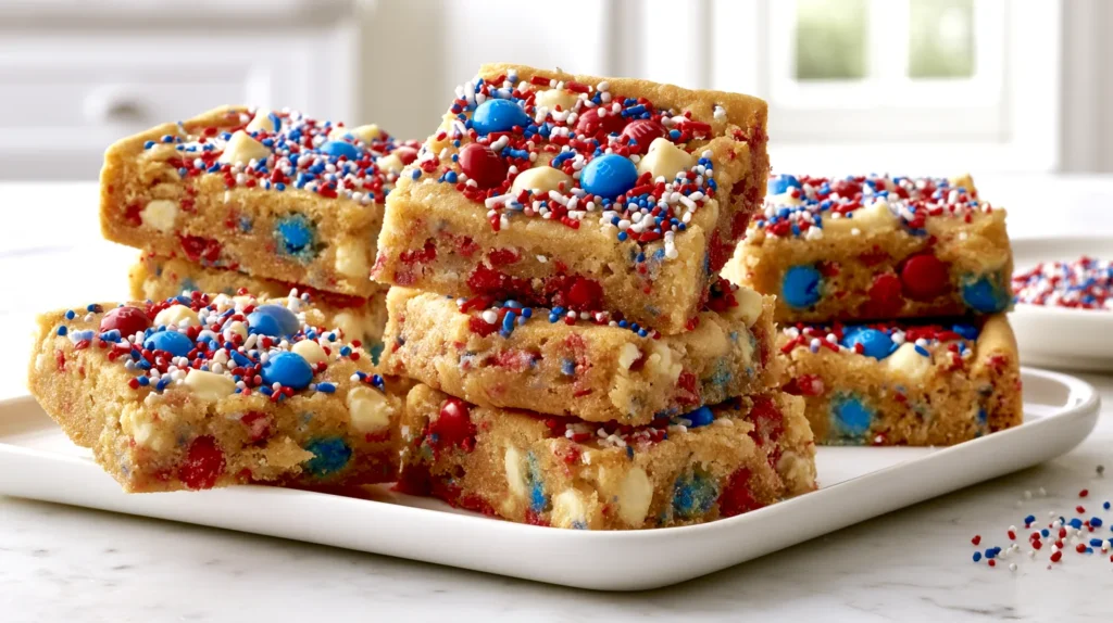 Hyper-realistic editorial food photography of thick 4th of July cookie bars cut into neat squares, soft golden cookie crumb, chewy edges, slightly gooey center, packed with red white and blue M&M chocolate candies, white chocolate chips, and clearly visible red white and blue sprinkles baked into the bars and scattered generously across the tops, festive patriotic look, arranged on a white ceramic platter on a white marble kitchen counter, bright airy white kitchen background, soft natural window light, crisp focus, realistic textures, clean styling, small bowl of extra red white and blue sprinkles nearby, no hands, no people, no text, no watermark