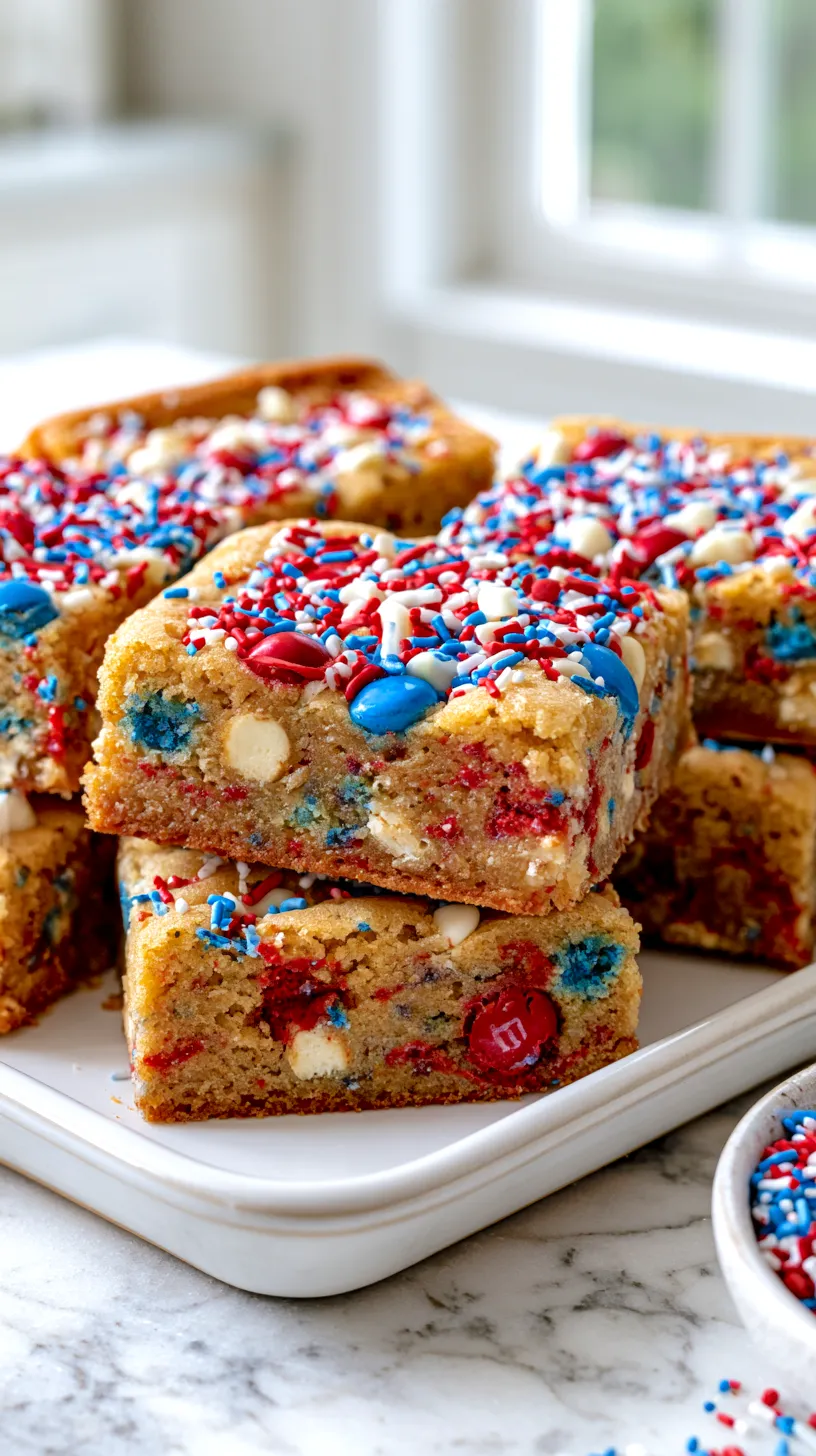 Hyper-realistic editorial food photography of thick 4th of July cookie bars cut into neat squares, soft golden cookie crumb, red white and blue chocolate candies and white chocolate chips baked into the top, chewy edges, slightly gooey center, arranged on a white ceramic platter on a white marble kitchen counter, bright airy white kitchen background, soft natural window light, festive but clean styling, small bowl of extra red white and blue candies nearby, realistic textures, crisp focus, shallow depth of field, no hands, no people, no text, no watermark