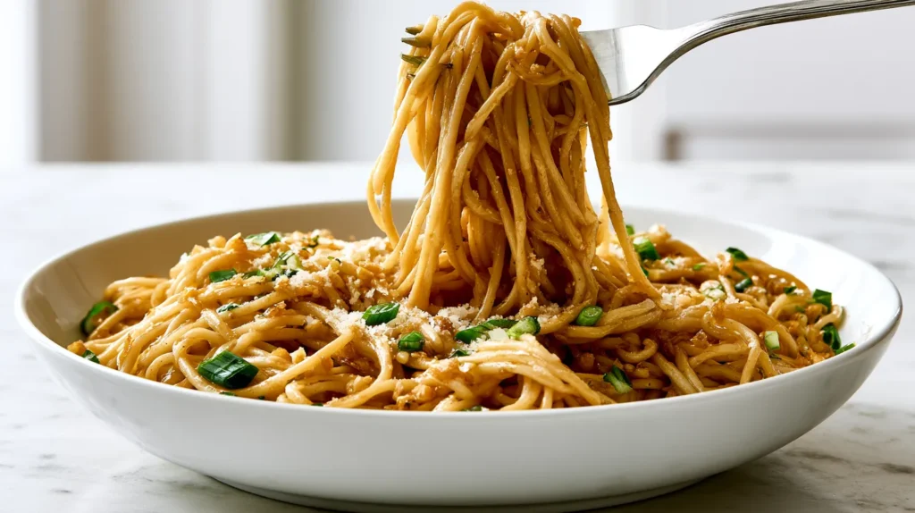 Hyper-realistic food photography of Asian garlic noodles made with long spaghetti-style noodles coated in a glossy warm golden-brown buttery garlic soy-oyster sauce, visible finely minced garlic, sliced green onions, a light sprinkle of finely grated Parmesan, tiny flecks of black pepper, silky sauce clinging to every noodle strand, served in a white shallow ceramic bowl on a white marble kitchen counter, a silver fork twirling a small bite of noodles above the bowl, strands stretching naturally back into the noodles, bright white kitchen background, soft natural window light, crisp editorial food photography, realistic texture, clean composition, no clutter, no text, no watermark