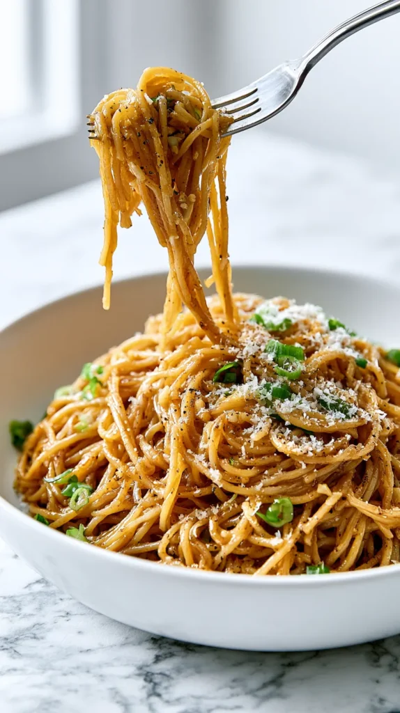 Hyper-realistic food photography of Asian garlic noodles made with long spaghetti-style noodles coated in a glossy warm golden-brown buttery garlic soy-oyster sauce, visible finely minced garlic, sliced green onions, a light sprinkle of finely grated Parmesan, tiny flecks of black pepper, silky sauce clinging to every noodle strand, served in a white shallow ceramic bowl on a white marble kitchen counter, a silver fork twirling a small bite of noodles above the bowl, strands stretching naturally back into the noodles, bright white kitchen background, soft natural window light, crisp editorial food photography, realistic texture, clean composition, no clutter, no text, no watermark