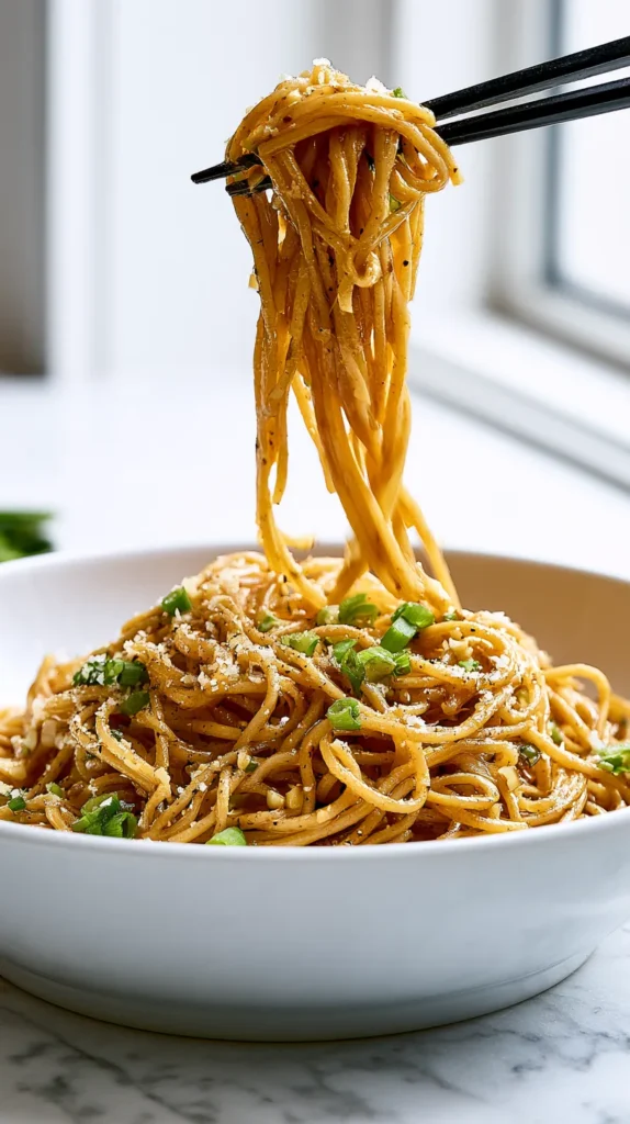 Hyper-realistic food photography of Asian garlic noodles made with long spaghetti-style noodles coated in a glossy warm golden-brown buttery garlic soy-oyster sauce, visible finely minced garlic, sliced green onions, a light sprinkle of finely grated Parmesan, tiny flecks of black pepper, silky sauce clinging to every noodle strand, served in a white shallow ceramic bowl on a white marble kitchen counter, black chopsticks lifting a small stream of noodles from the bowl, strands hanging naturally, bright white kitchen background, soft natural window light, crisp editorial food photography, realistic texture, clean composition, no clutter, no text, no watermark
