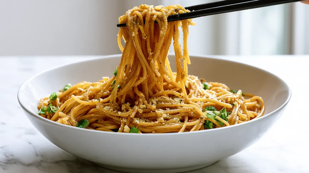Hyper-realistic food photography of Asian garlic noodles made with long spaghetti-style noodles coated in a glossy warm golden-brown buttery garlic soy-oyster sauce, visible finely minced garlic, sliced green onions, a light sprinkle of finely grated Parmesan, tiny flecks of black pepper, silky sauce clinging to every noodle strand, served in a white shallow ceramic bowl on a white marble kitchen counter, black chopsticks lifting a small stream of noodles from the bowl, strands hanging naturally, bright white kitchen background, soft natural window light, crisp editorial food photography, realistic texture, clean composition, no clutter, no text, no watermark