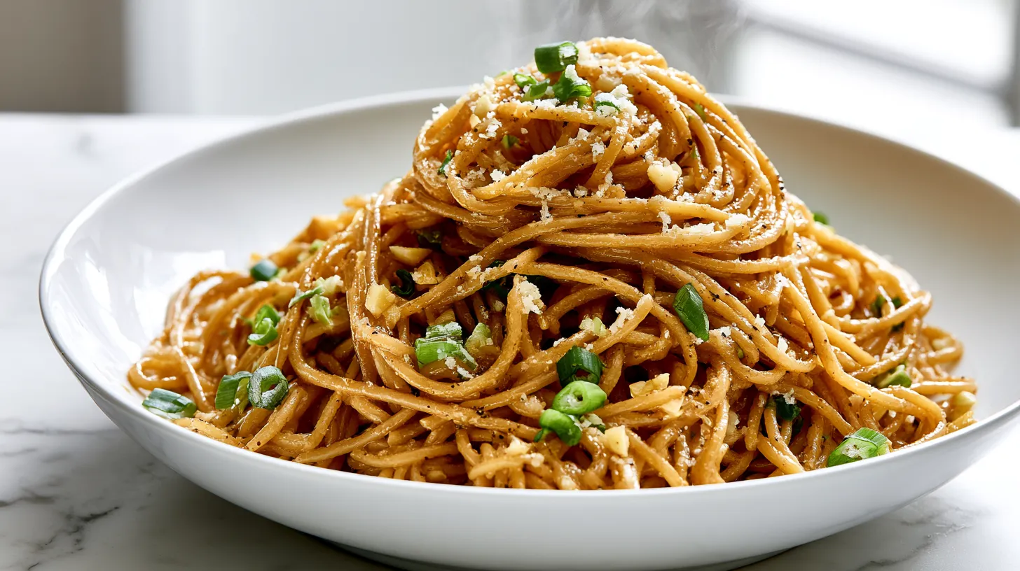 Hyper-realistic hero shot of Asian garlic noodles made with long spaghetti-style noodles coated in a glossy warm golden-brown buttery garlic soy-oyster sauce, visible finely minced garlic, sliced green onions, a light sprinkle of finely grated Parmesan, tiny flecks of black pepper, silky sauce clinging to every noodle strand, served in a white shallow ceramic bowl on a white marble kitchen counter, noodles piled high in a cozy glossy mound, slight steam rising, bright white kitchen background softly blurred, soft natural window light, crisp editorial food photography, realistic texture, clean inviting composition, no clutter, no text, no watermark