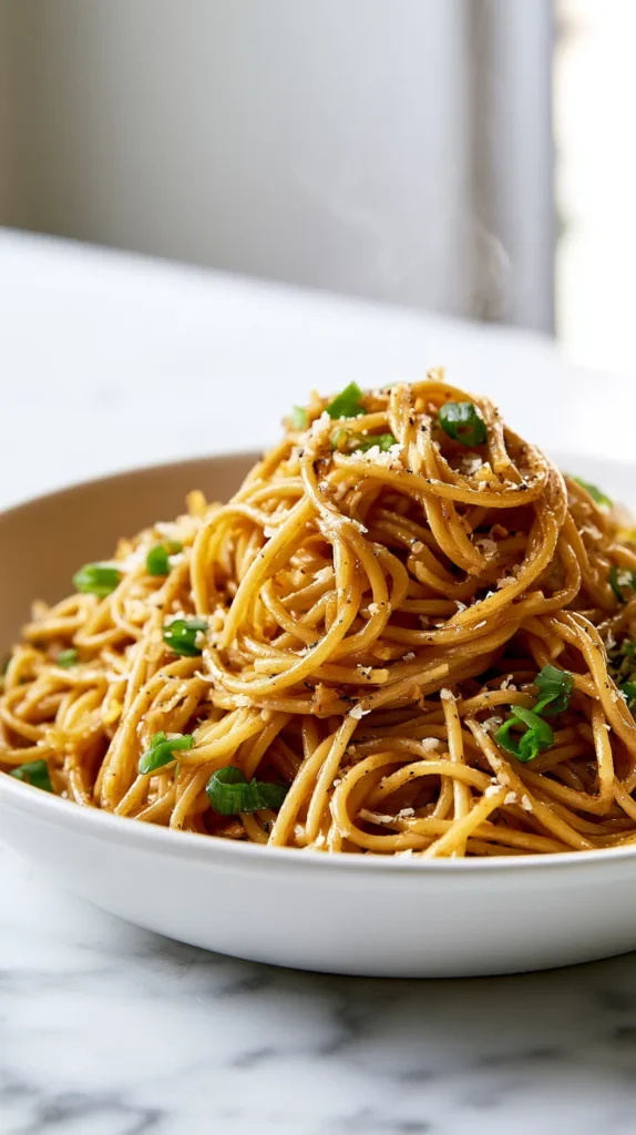 Hyper-realistic hero shot of Asian garlic noodles made with long spaghetti-style noodles coated in a glossy warm golden-brown buttery garlic soy-oyster sauce, visible finely minced garlic, sliced green onions, a light sprinkle of finely grated Parmesan, tiny flecks of black pepper, silky sauce clinging to every noodle strand, served in a white shallow ceramic bowl on a white marble kitchen counter, noodles piled high in a cozy glossy mound, slight steam rising, bright white kitchen background softly blurred, soft natural window light, crisp editorial food photography, realistic texture, clean inviting composition, no clutter, no text, no watermark